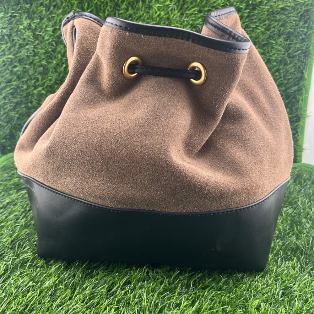 ZARA Brown Suede Bucket Bag Black Leather Trim Drawstring Crossbody Chic City - Picture 6 of 13